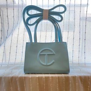 Telfar small blue shopping tote bag vegan leather